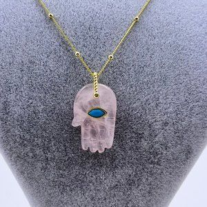 Pietra Harmony 925 Silver Gold Plate Rose Quartz Hamsa Necklace